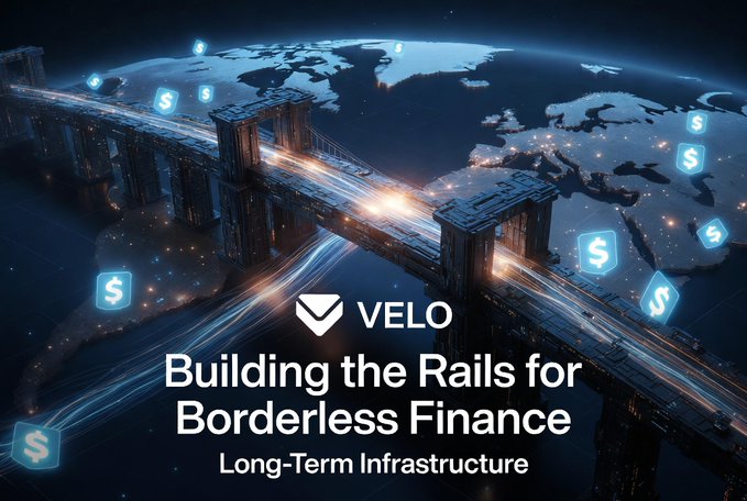 Promotional graphic for VELO reading 'Building the Rails for Borderless Finance: Long-Term Infrastructure,' featuring a glowing bridge connecting continents over a world map with dollar-sign icons.
