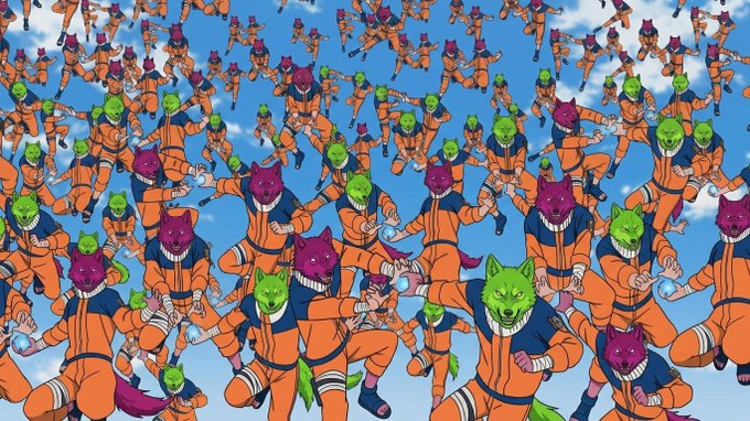 An army of identical anime-style wolf characters wearing orange jumpsuits and colorful masks fills a bright blue sky, visually representing the overwhelming, coordinated force referenced by the "$PACK" caption. The endless repetition of these fierce, masked figures suggests a unified group or community rallying around the ticker symbol.