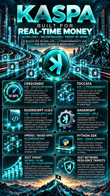 An infographic about 'KASPA BUILT FOR REAL-TIME MONEY,' highlighting features like Crescendo, TOCCATA, SilverScript, DAGKNIGHT, vPROGS, and PYTHON SDK with targets for 2027.