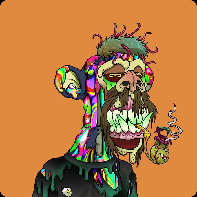 A psychedelic cartoon illustration of a grotesque character with multicolored skin, a wild mustache, large teeth, dreadlocks, and a small creature emerging from its mouth, set against an orange background.