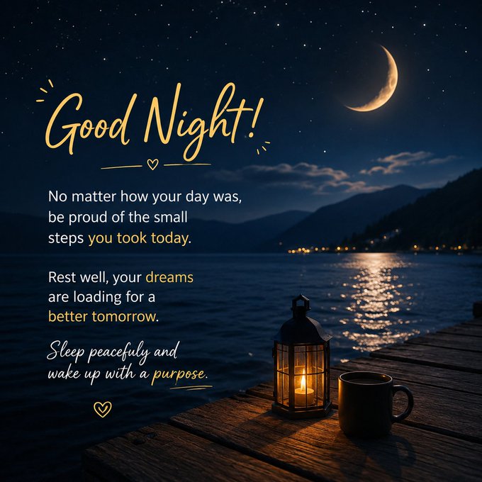 A serene 'Good Night!' graphic with a nighttime lake scene, crescent moon, lantern, and an inspirational message about rest and dreams.