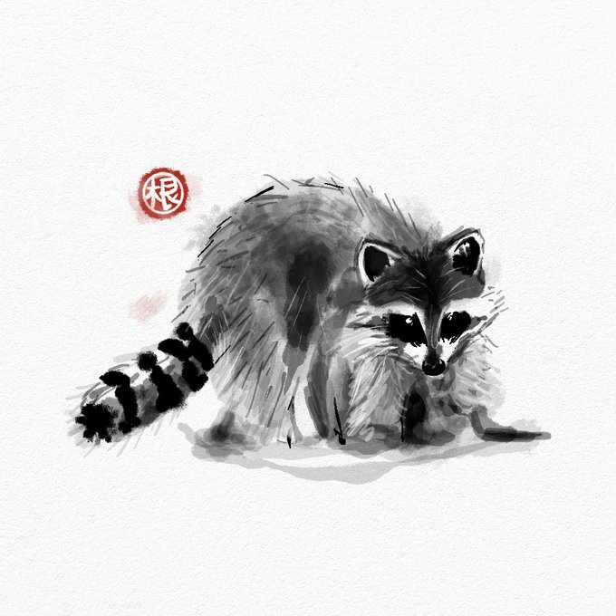 A black and white ink wash painting depicts a raccoon sitting and looking down, accompanied by a small red circular stamp with an Asian character in the upper left corner.