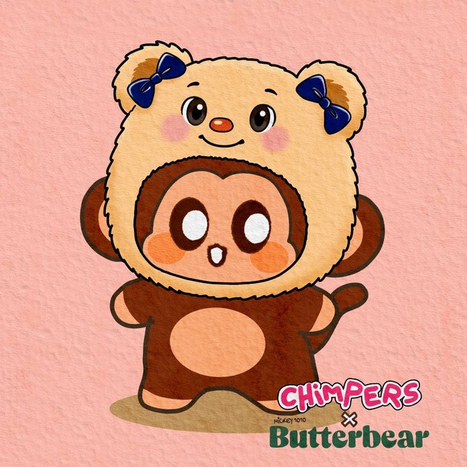 An illustration of a cute brown character wearing a fluffy beige bear hood with blue bows, with 'CHIMPERS × Butterbear' logo in the corner on a pink background.
