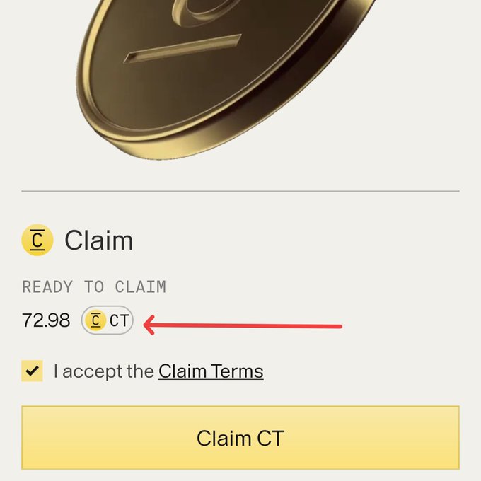 A red arrow points to the "72.98 CT" token allocation on a "Claim" interface, showing the tokens ready to be claimed. The post confirms this is the $CT token allocation for Concrete Foundation ($0.28 FDV, $280M), with the gold coin above likely representing the $CT claim asset.
