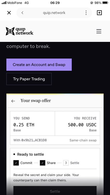 A mobile screenshot of quip.network showing a swap offer interface to exchange 0.25 ETH for 500.00 USDC on the Base network, with 'Commit' and 'Share' checked and 'Settle' status pending.