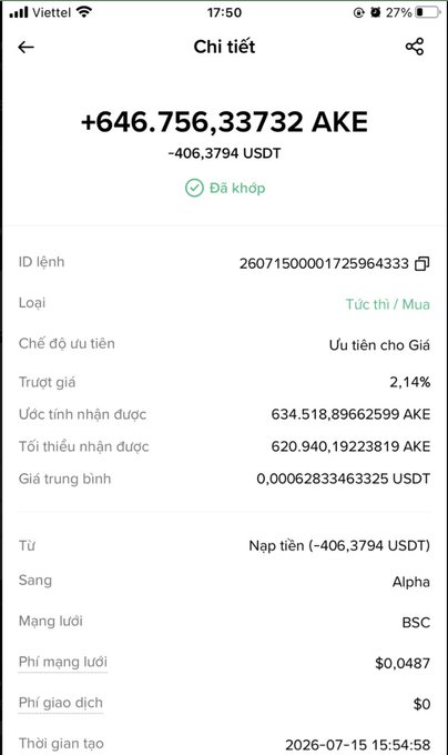 A mobile phone screenshot in Vietnamese showing transaction details ('Chi tiết') for a trade of +646,756,33732 AKE for ~406,3794 USDT on the Alpha network via BSC, marked as 'Đã khớp' (matched).
