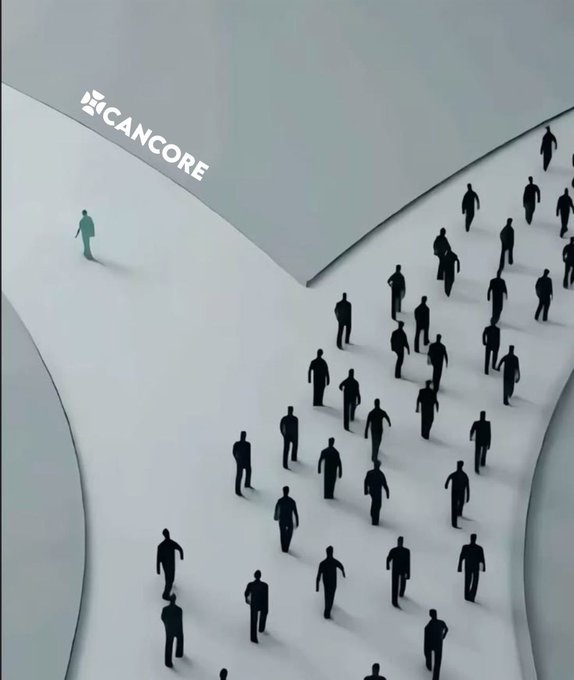An illustration with the 'CANCORE' logo showing a green figure separated from a crowd of black silhouettes by a curved pathway.
