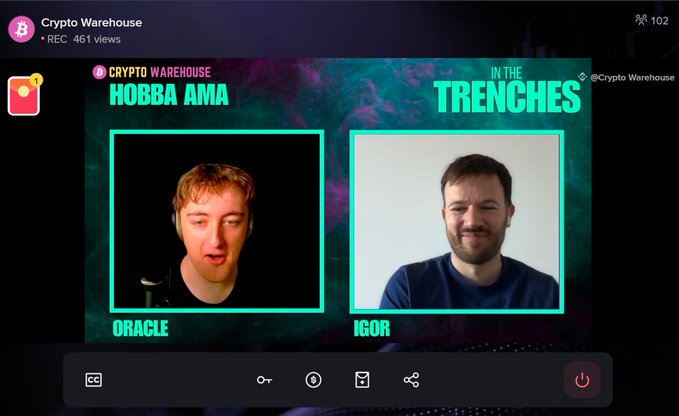 A 'Crypto Warehouse' recording interface showing an AMA session titled 'HOBBA AMA IN THE TRENCHES' between speakers labeled 'ORACLE' and 'IGOR'.