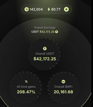 A dark-themed crypto earnings dashboard displaying Overall Earnings of USDT $42,172.25, with all-time gains of 208.47% and Overall $WFI of 20,161.68.