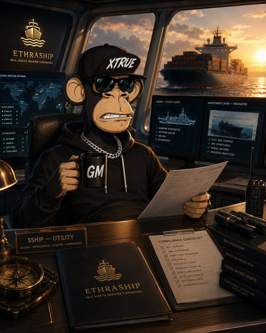 An AI-generated illustration shows a monkey character wearing an 'XTRUE' cap, sunglasses, and a chain, holding a 'GM' mug in an office setting with a ship and sunset in the background; visible text includes 'ETHRASHIP', 'SHIP — UTILITY LAYER', 'INVESTMENT LAYER — REGULATED', and a 'COMPLIANCE CHECKLIST'.