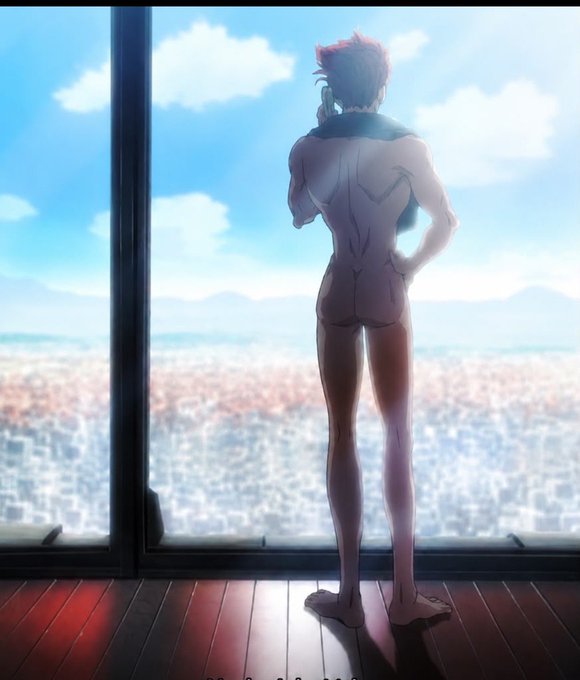 A muscular, shirtless anime character with pink hair stands barefoot on a wooden floor, gazing out a large window at a bright, expansive cityscape under a blue sky.