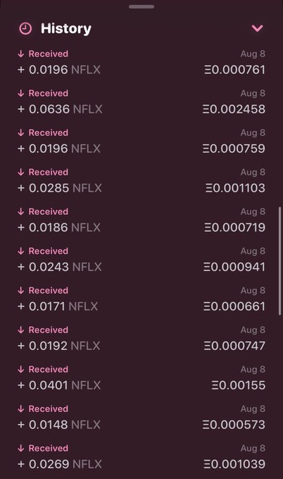 A mobile screenshot of a transaction history showing 12 "Received" entries of fractional NFLX (Netflix) stock amounts on August 8, ranging from 0.0148 to 0.0636 shares, with corresponding values in ETH from Ξ0.000573 to Ξ0.00155. The image illustrates the onchain earnings referenced in the post celebrating over $1500 of Netflix stock accumulated passively.