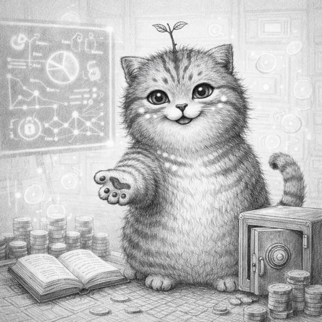 A pencil sketch of a cute kitten with a small sprout on its head standing among stacks of coins, an open book, and a safe, with data graphs and charts floating in the background.