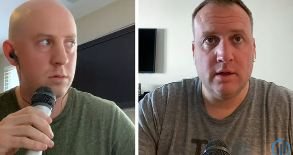 This image appears to be a split-screen video call or podcast featuring two men, one holding a microphone while speaking. The bald man on the left wears a green shirt, and the man on the right wears a gray shirt with a WordPress logo visible on it. The setup suggests they're likely discussing the recent downturn in $ACHR (Archer Aviation) stock, as mentioned in the accompanying post about the drawdown crash resuming.
