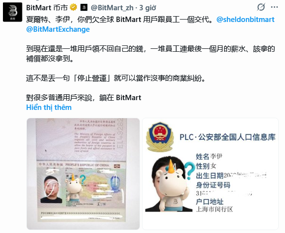 A tweet from BitMart (@BitMart_zh) demanding answers from executives regarding frozen user funds, accompanied by images of Chinese passports and police database records.