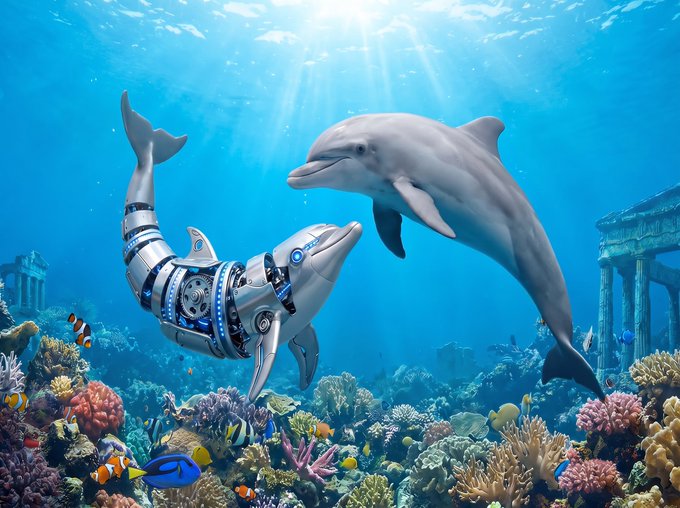 An underwater scene showing a robotic dolphin meeting a real dolphin, surrounded by coral reefs, tropical fish, and submerged ancient ruins.