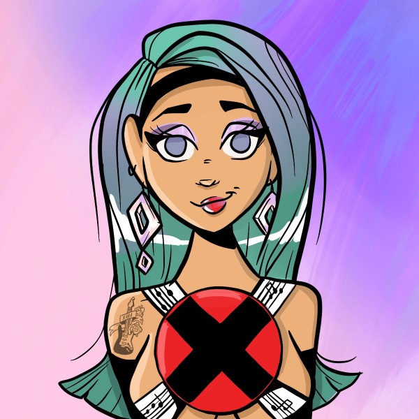 An anime-style digital illustration of a female character with teal hair and purple eyes, whose chest is covered by a large red circle with a black X over it.