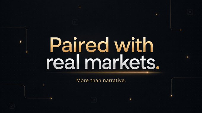 A sleek dark-themed graphic with gold accents displays the text "Paired with real markets. More than narrative." The caption "Paired with real markets" reinforces the post's emphasis on Ast.fun bringing real market infrastructure and liquidity to memecoins, moving beyond hype into a functional trading ecosystem.