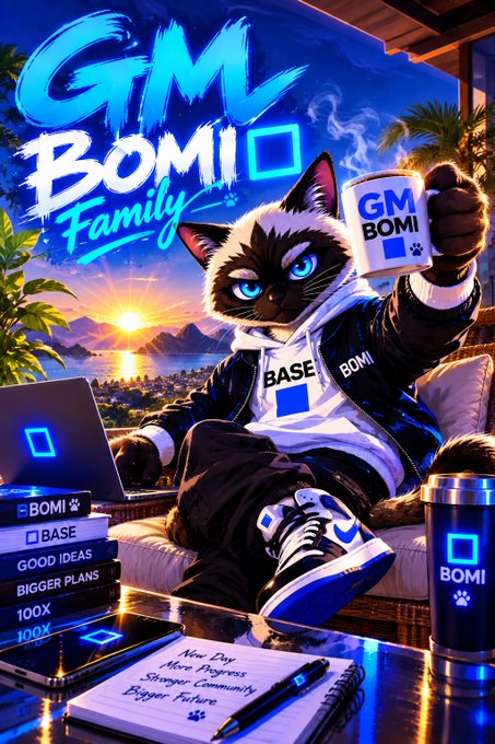 A digital illustration for 'GM BOMI Family' featuring a cat character holding a cup, surrounded by books labeled 'BOMI', 'BASE', and a notebook listing 'New Day. More Progress. Stronger Community. Bigger Future'.