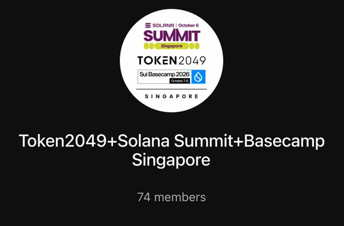A logo for 'Token2049+Solana Summit+Basecamp Singapore' event showing 'October 6', 'Sui Basecamp 2026 October 7-8', and '74 members'.