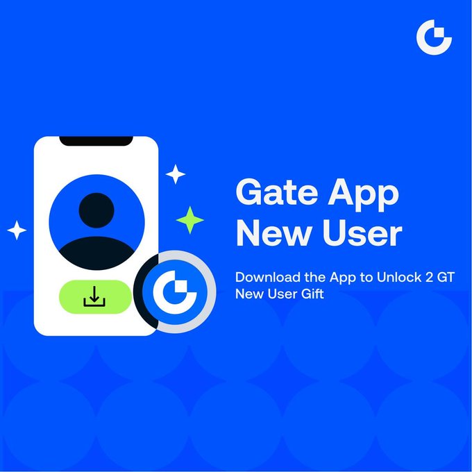A Gate App promotional graphic with a blue background features a smartphone illustration displaying a user profile and download icon, alongside text promoting a "Gate App New User" offer to "Download the App to Unlock 2 GT New User Gift," which complements the post's message about new user rewards including a 50 USDT Position Voucher and 2 GT token incentives upon registration and app onboarding.