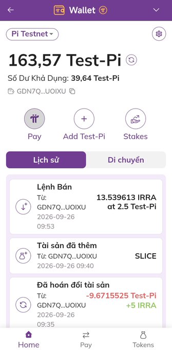 Mobile wallet app screenshot on Pi Testnet showing a balance of 163.57 Test-Pi and $39.64 available, with transaction history in Vietnamese including a sale of IRRA for Test-Pi and asset swaps.