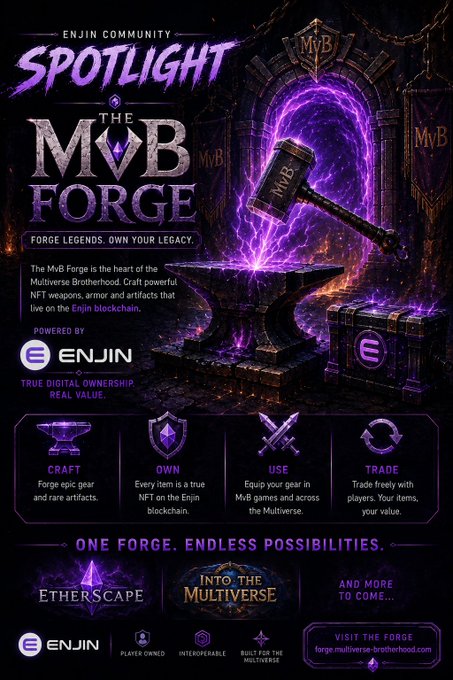 An advertisement for 'The MvB Forge' features a glowing purple portal, an anvil, and a hammer; it is 'Powered by ENJIN' and promotes 'TRUE DIGITAL OWNERSHIP, REAL VALUE' with sections for 'CRAFT', 'OWN', 'USE', and 'TRADE'.