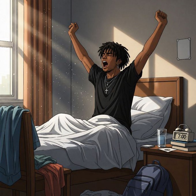 An anime/illustration style image of a person stretching arms upward while yawning in bed, with a 7:00 alarm clock on the nightstand.