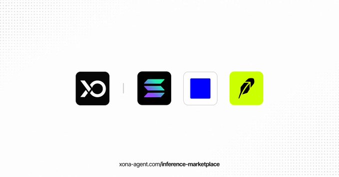 Promotional graphic showing logos including XO, a colorful layered icon, a blue square, and a green leaf icon, with text 'xona-agent.com/inference-marketplace'.