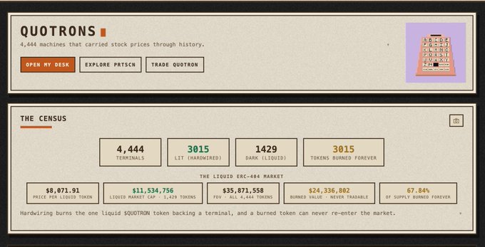 A dashboard for 'QUOTRONS' displaying stats for the 'LIQUID ERC-404 MARKET', including 4,444 TERMINALS, a liquid market cap of $11,534,756, and 24,336,002 burned value.