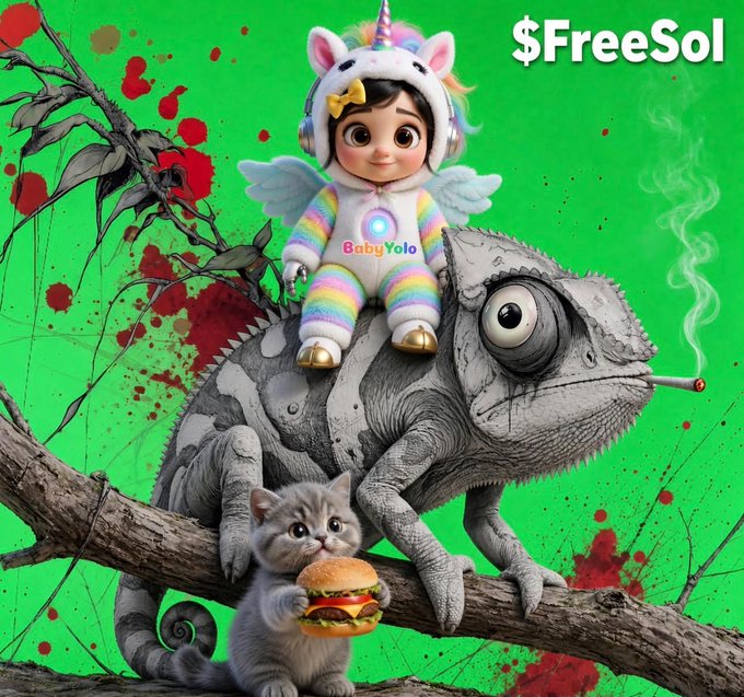 A whimsical digital artwork on a bright green background featuring a cartoon child in a unicorn onesie riding a chameleon, with a kitten holding a hamburger below, accented with red splatter effects and the text '$FreeSol' and 'BabyYolo'.