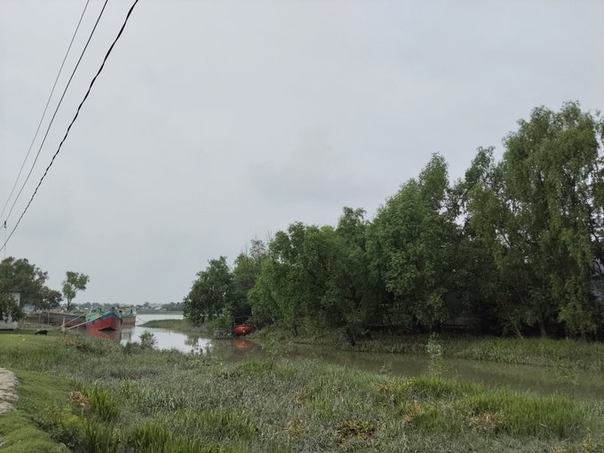 An overcast riverside scene with mangrove-like trees on the far bank, small fishing boats moored along the muddy shore, and tangled wires overhead.