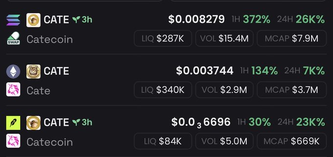 A crypto tracking interface displays three different tokens sharing the "CATE" ticker—Catecoin (SWAP), Cate, and another Catecoin (3h)—showing their prices ranging from $0.0₃6696 to $0.008279 with significant 1-hour and 24-hour gains ranging from 26K% to 134%, illustrating the volatile "picks and shovels" memecoin trading landscape where the "$CATE" position reportedly paid off big.
