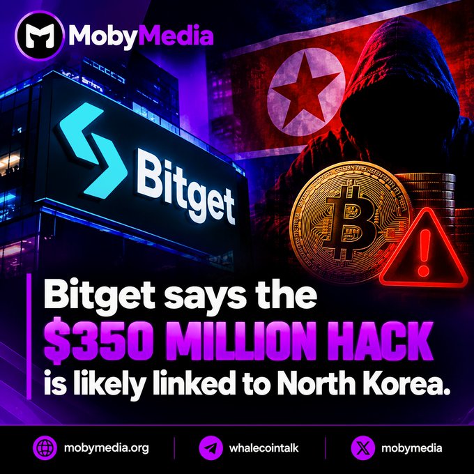 A MobyMedia graphic claiming 'Bitget says the $350 MILLION HACK is likely linked to North Korea,' featuring Bitget branding, Bitcoin coins, a hooded figure, and the North Korean flag.