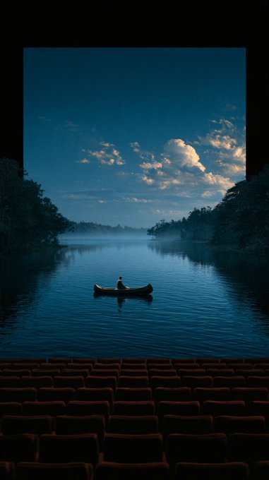 A view from a cinema showing a film on screen of a lone figure canoeing across a misty lake at dawn, framed by empty theater seats in the foreground.