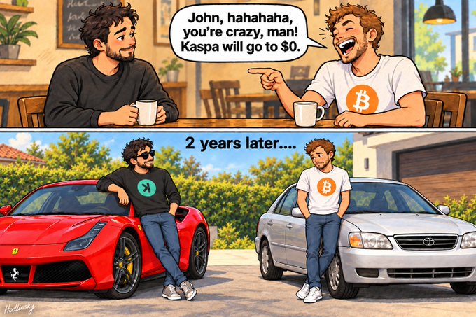 A two-panel cartoon shows a Bitcoin fan laughing at a Kaspa supporter, but '2 years later...' the Kaspa supporter is shown with a red Ferrari while the Bitcoin fan has an old sedan.