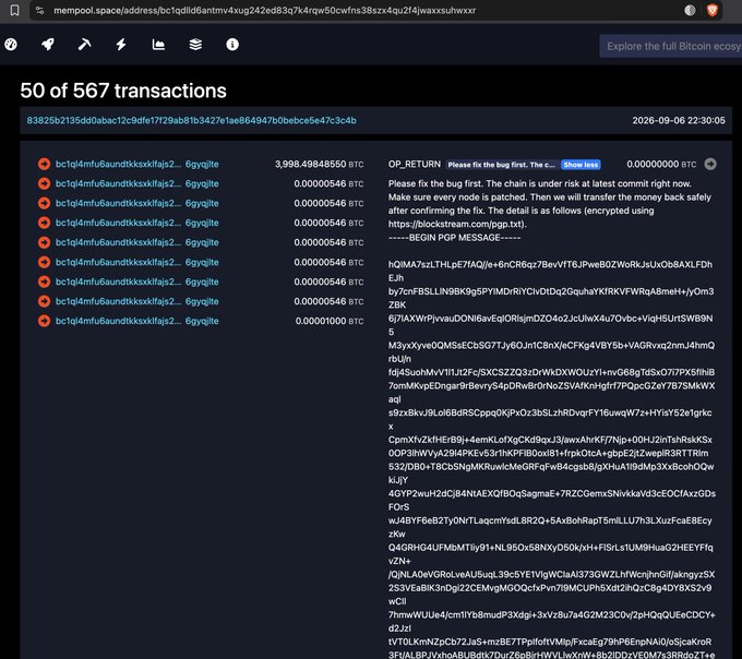 A screenshot of a mempool.space transaction page showing a transfer of 3,998.49848550 BTC with an OP_RETURN message addressed to "bc1qm...the c..." (likely "Blockstream") containing an encrypted message stating "Please fix the bug first. The chain is under risk at latest commit right now," which appears to be a hacker reporting a vulnerability in Blockstream's Liquid network following the reported 4,000 BTC hack.