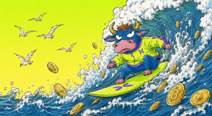 An angry cartoon bull wearing a green hoodie rides a surfboard atop a massive wave, surrounded by floating Bitcoin and Ethereum coins with seagulls flying in the bright yellow sky. The image captures the explosive, momentum-driven excitement of discovering a breakout token like $牛 (Bull) on Flap.sh, mirroring the post's message that opportunities are often simple—ride the hype while it's hot.