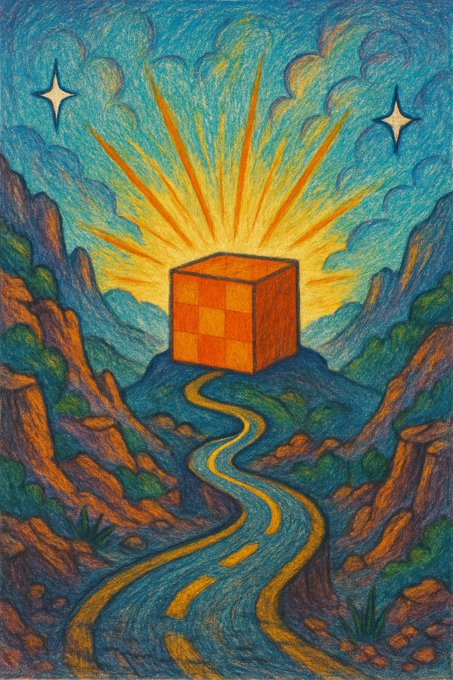 A colorful crayon-style illustration depicts a glowing orange cube at the end of a winding blue road through a mountainous landscape, with bright sun rays and stars in the sky.