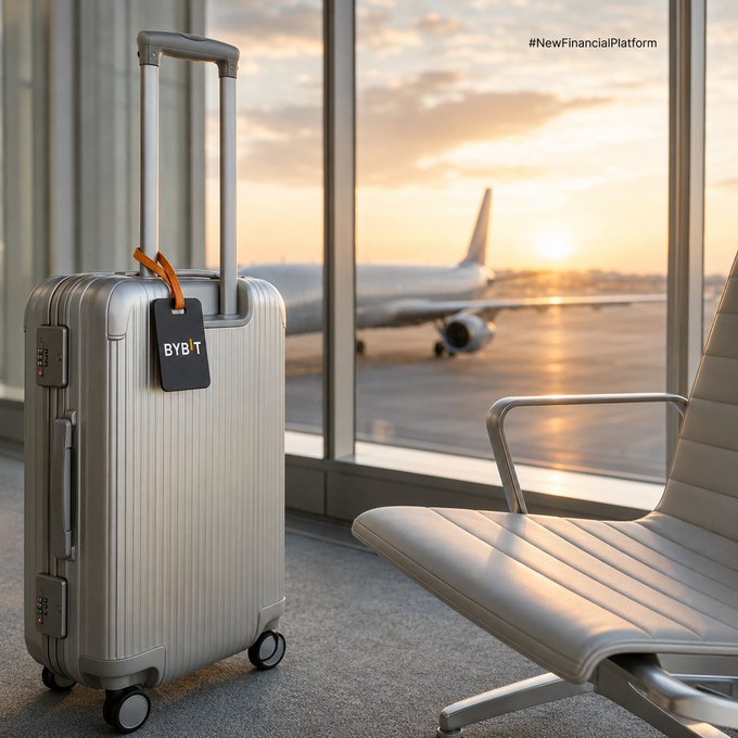 A silver suitcase with a 'BYBIT' luggage tag sits in an airport terminal next to a modern chair, with an airplane on the tarmac visible through the window during sunset; the hashtag '#NewFinancialPlatform' is in the top right.