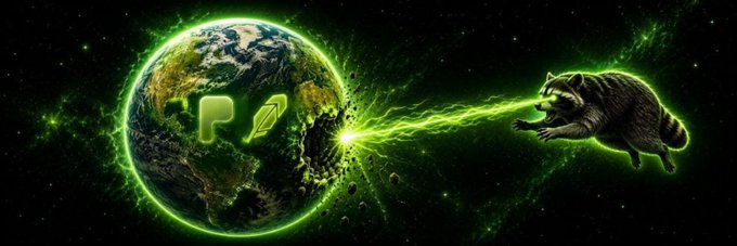 A raccoon in a spacesuit fires a green energy beam at a futuristic Earth adorned with rocket and key icons, symbolizing the cosmic launch of the $JIMOTHY meme token as a new era in crypto begins.