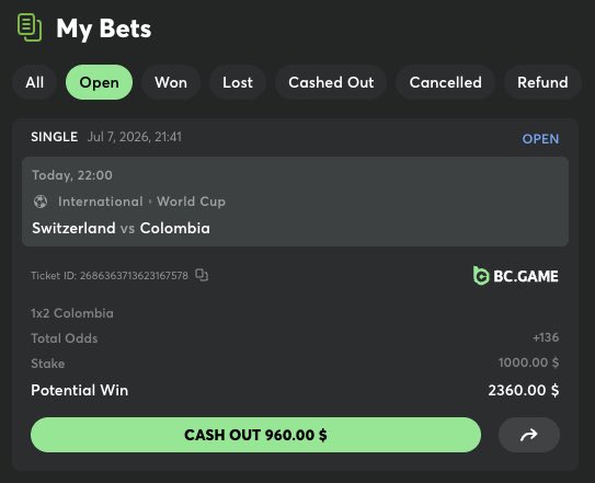 This image shows an open bet on BC.Game for Colombia to win against Switzerland in the World Cup, with a potential win of $2360.00 from a $1000 stake. The poster "almost forgot to secure my bet on Columbia" and finds comfort in their "safe place" which is BC.Game.