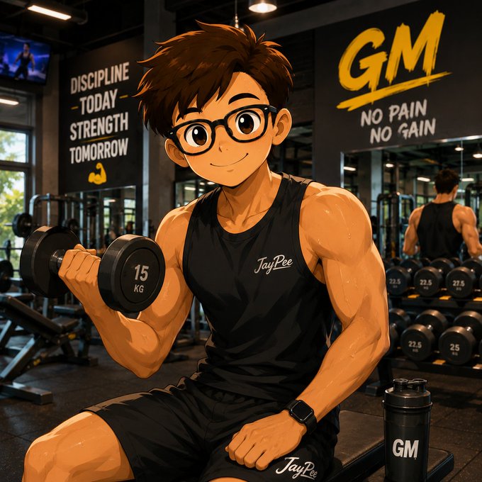 An anime-style character lifts a 15 KG dumbbell in a gym with "GM" and "DISCIPLINE TODAY STRENGTH TOMORROW" on the walls, alongside a "GM" shaker bottle. The image ties into the post by visually representing the "GM" greeting and the disciplined workout mindset needed to tackle a bullish week.