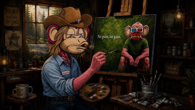 A cartoon-style illustration of a cowboy-hat-wearing monkey painting another monkey on a canvas in a rustic cabin studio. The painting displays the text 'No pain, no gain,' while signs on the walls read 'PAINT outside THE LINES' and 'COLOR THERAPY.'