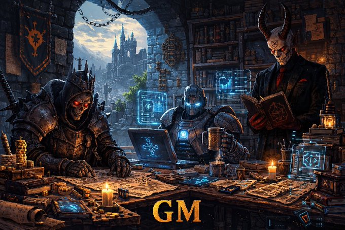 A fantasy digital illustration showing three armored characters—including a horned demon—gathered at a table covered in maps, books, candles, and holographic screens, with the letters "GM" displayed prominently.