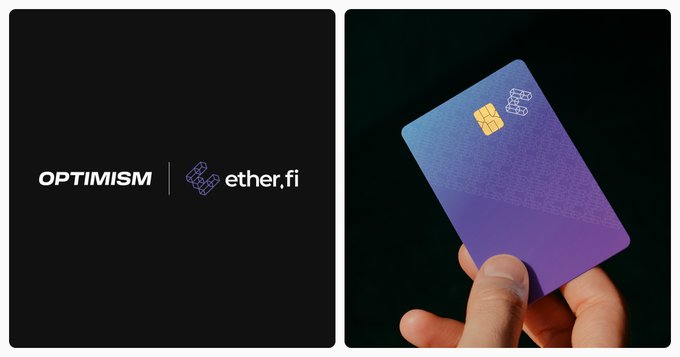 The image shows two photos of a hand holding a credit card with the text "OP" written on it. The credit card has a purple background, which contrasts with the black background of the photo. The caption below the image reads "OP is now supported as collateral on @ether_fi Cash, a non-custodial payments platform built on OP Mainnet." This suggests that the credit card may be linked to an alternative payment method or service provided by Ether-fi, which allows users to make transactions without needing a traditional bank account.