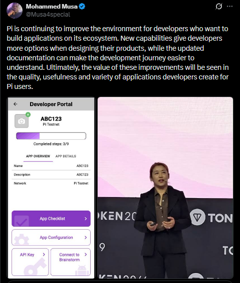 The image features a post by Mohammed Musa (@Musa4special) discussing Pi Network's developer ecosystem improvements, alongside a screenshot of the Pi Network Developer Portal showing an app called "ABC123" on Pi Testnet with a 3/9 completion checklist, and a photo of a woman speaking at a TOKEN 2049 event. The visual content aligns with the post's theme of Pi Network expanding opportunities for developers building Web3 applications.