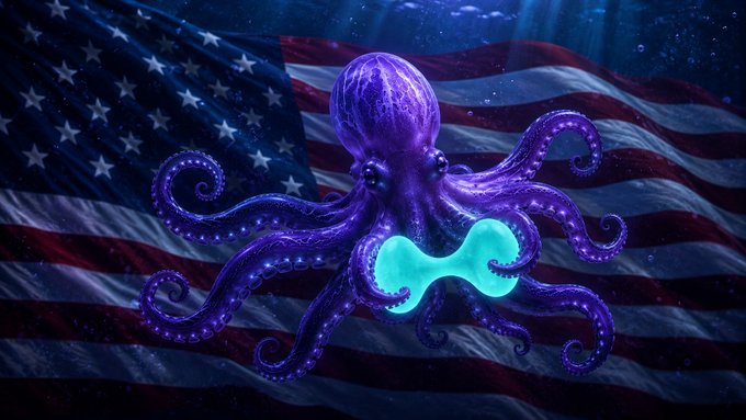 A glowing purple octopus with a luminous cyan center floats dramatically in front of an American flag underwater, visually embodying the "kraken x hyperliquid" post by merging the mythological sea creature with a fluid, aquatic aesthetic.