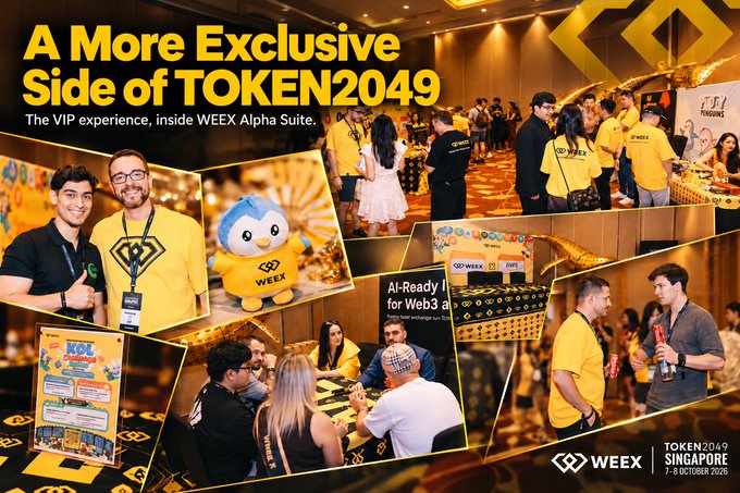Promotional collage for 'A More Exclusive Side of TOKEN2049' featuring WEEX branding, showing attendees at the VIP WEEX Alpha Suite experience with text 'AI-Ready for Web3' and event details 'TOKEN2049 SINGAPORE 7-8 OCTOBER 2026'.