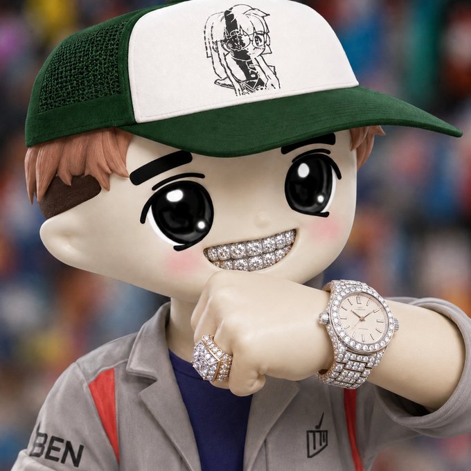 A figurine of a person with large anime-style eyes, a diamond-encrusted grill, and a green and white trucker hat, showing off a diamond-covered wristwatch and rings.